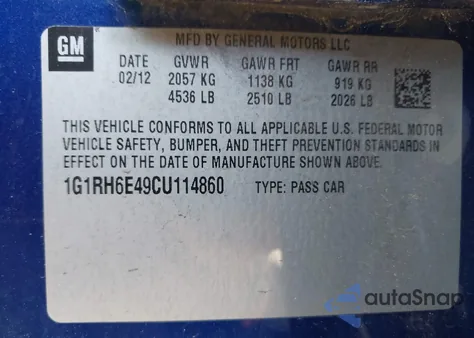 2012 Chevrolet Volt from USA, damaged, VIN 1G1RH6E49CU114860
